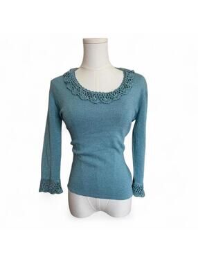 Sparkly blue crochet trim knit 3/4 sleeve top Sz. M